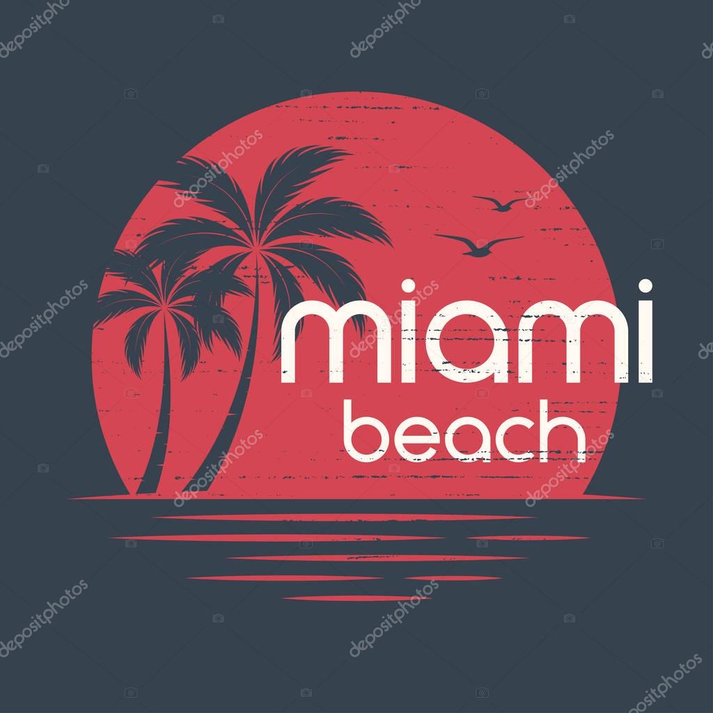 Miami sunset. T-shirt and apparel vector design, print, typography, poster, emblem with palm trees.