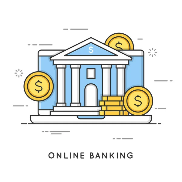 Banca en línea, pagos por Internet, transacciones monetarias. Línea plana — Vector de stock