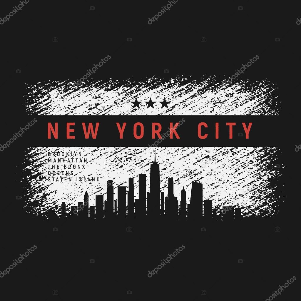 New York City t-shirt and apparel grunge style design with city skyline silhouette. Vector print, typography, poster, emblem.