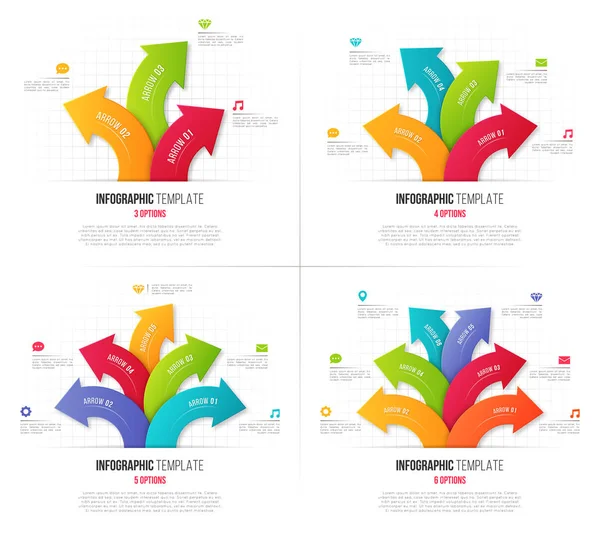 Conjunto de infográficos de 3-6 opções com setas circulares ramificadas . — Vetor de Stock