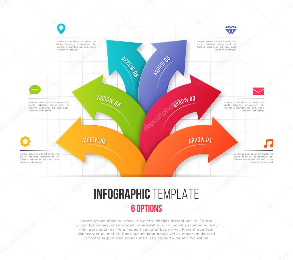 Infographics with 6 option branching circular arrows. Vector tem