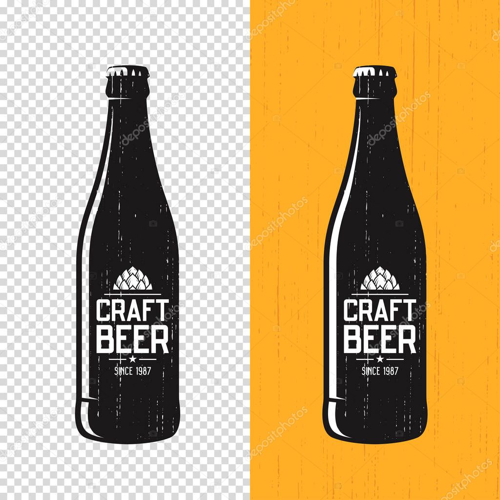Textured craft beer bottle label design. Vector logo, emblem, typography