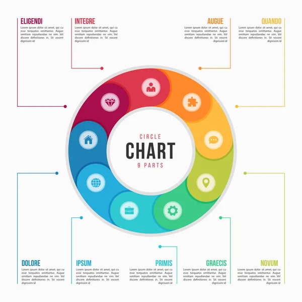 Modèle infographique de diagramme circulaire avec 9 parties, processus, étapes — Image vectorielle