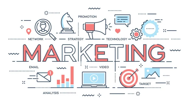 Marketing, promozione, pubblicità, seo, linea sottile dei social media — Vettoriale Stock