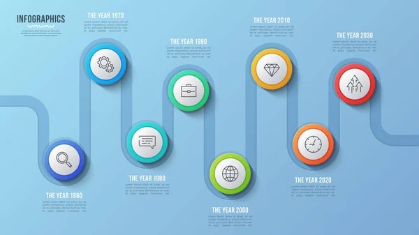 Graphique chronologique vectoriel en 8 étapes, infographie, présentation — Image vectorielle