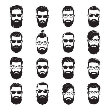 Vektör sakallı erkekler kümesi hipsters farklı saç kesimi ile karşı karşıya.