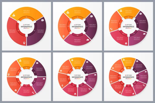 Plantillas de diagrama circular con 3 4 5 6 7 8 opciones. Diseño vectorial f — Archivo Imágenes Vectoriales