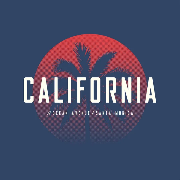 California Ocean Avenue póló és ruházati tervez-val tenyér tre — Stock Vector