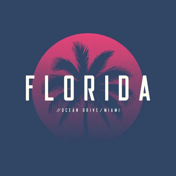 Florida Miami Ocean Drive t-shirt ve konfeksiyon tasarım palm t ile — Stok Vektör