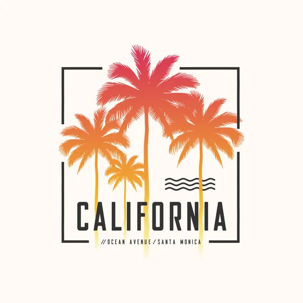 Kalifornien ocean avenue tee print mit palmen, T-shirt desig — Stockvektor