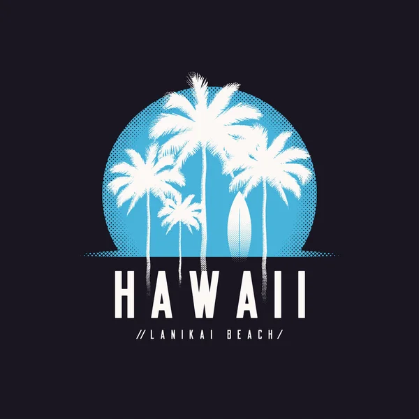 Hawaii Lanikai tengerparton póló nyomtatás, pálmafákkal, t shirt design, — Stock Vector