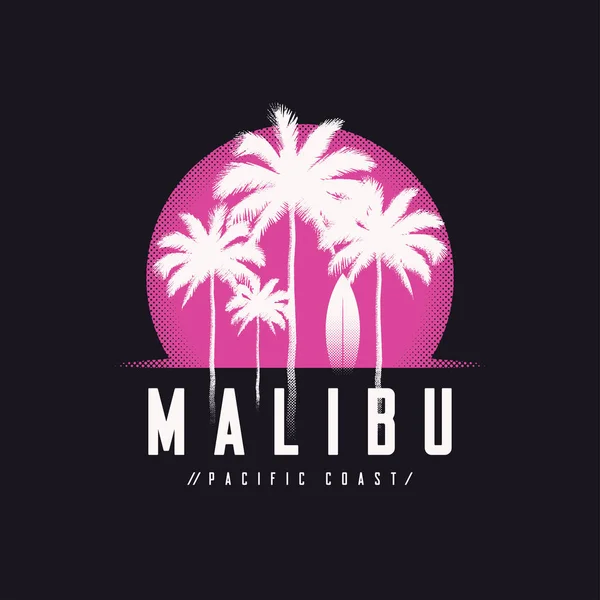 Malibu Pacific Coast tee tisknout s palmami, t tričko design, — Stockový vektor
