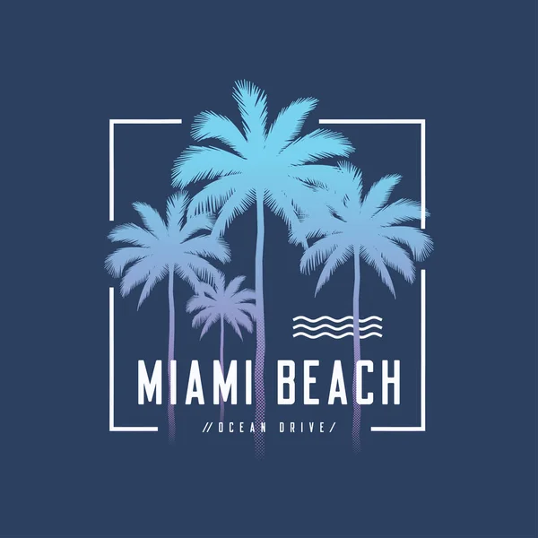 Miami Beach Ocean Drive stampa tee con palme, t shirt desig — Vettoriale Stock