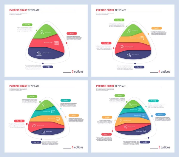 Vector infografische sjablonen in de vorm van een driehoek, piramide gedeeld door 3 4 5 6 delen. — Stockvector