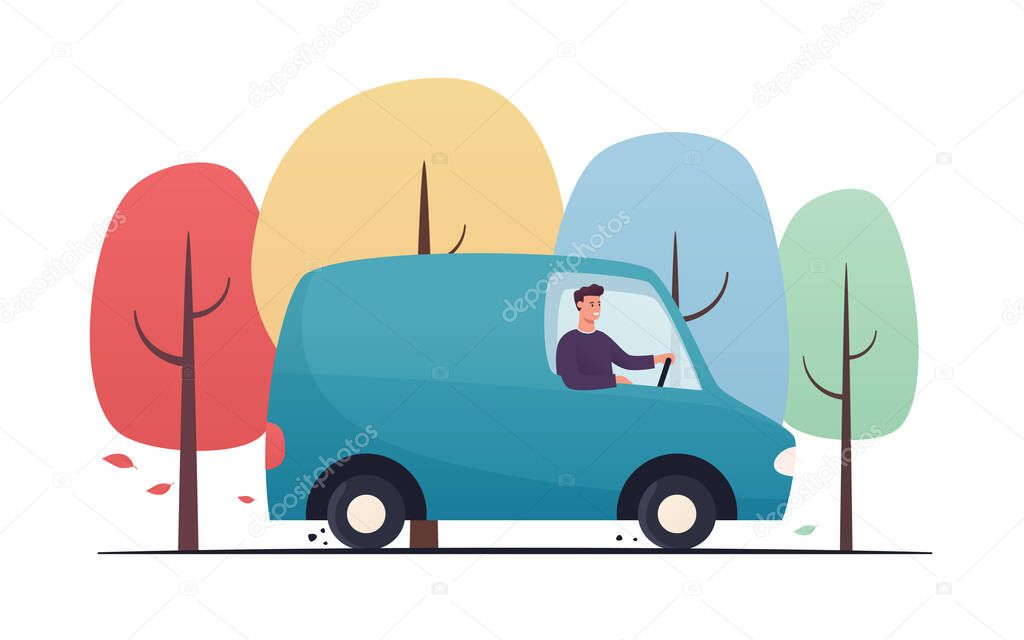 Vector flat style illustration of a young man driving by the van through the autumn forest