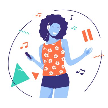 Gülümseyen, dans eden, müzik dinleyen, kulaklıklı genç bir kadının düz çizimi.