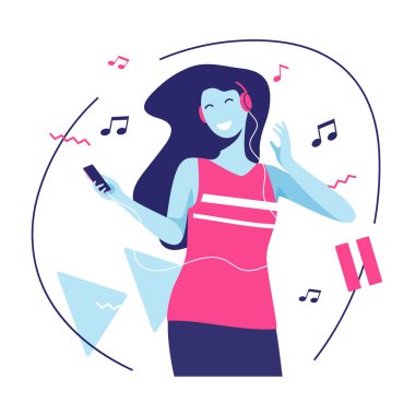 Gülümseyen, dans eden, müzik dinleyen, kulaklıklı genç bir kadının düz çizimi.