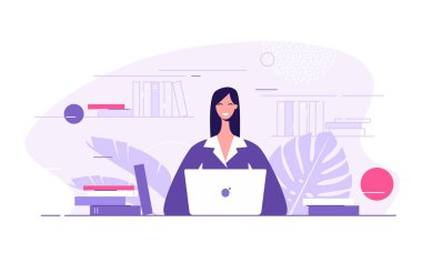 Ofisinde dizüstü bilgisayarı olan genç bir iş kadını tasviri.