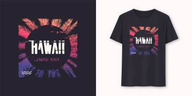 Hawaii Lanikai Sahili stil grafik tee vektör tasarımı, baskı