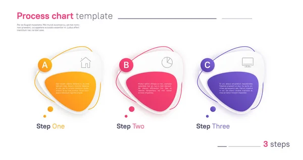 Vector process chart infographic template in the form of horizontal row composed of triangular rounded shapes. Three steps — Stock Vector