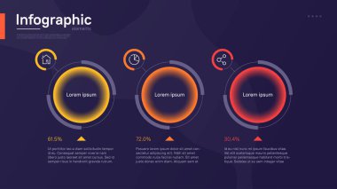 Koyu mavi arkaplan üzerinde dairesel grafik elementlerle renkli vektör bilgi şablonu