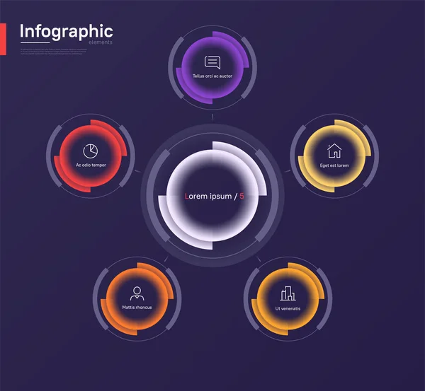 Κομψό πολύχρωμο διάνυσμα infographic πρότυπο διάγραμμα κύκλο σε ένα βαθύ μπλε φόντο. Πέντε επιλογές — Διανυσματικό Αρχείο