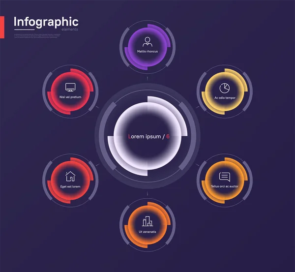 Κομψό πολύχρωμο διάνυσμα infographic πρότυπο διάγραμμα κύκλο σε ένα βαθύ μπλε φόντο. Έξι επιλογές — Διανυσματικό Αρχείο