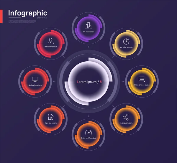 Κομψό πολύχρωμο διάνυσμα infographic πρότυπο διάγραμμα κύκλο σε ένα βαθύ μπλε φόντο. Οκτώ επιλογές — Διανυσματικό Αρχείο