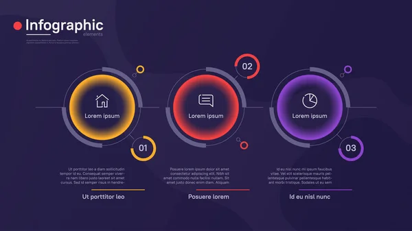 Vector infographic template met ronde grafische elementen op een diepblauwe achtergrond. Drie opties: — Stockvector