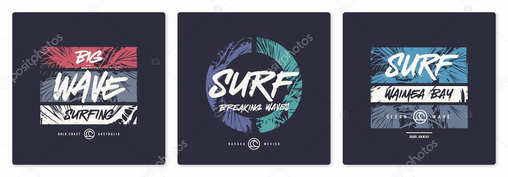 Collection of three vector graphic t-shirt designs, posters, prints on the theme of surfing