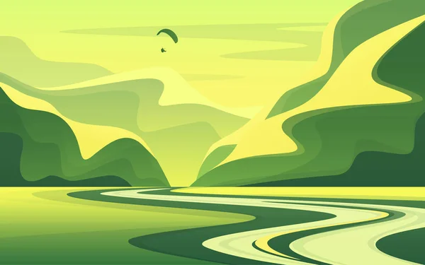 Paisaje de montaña con tranquilo valle del río en el verano. Ilustración vectorial — Archivo Imágenes Vectoriales