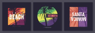 Kaliforniya teması üzerine üç vektör grafik tişört tasarımı, poster, baskısı koleksiyonu