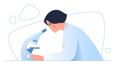 Laboratuvarda bir kadın tıp bilimcisi. Tıp, bilim, araştırma, mikrobiyoloji konularında vektör illüstrasyon
