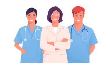 Bir tıp ekibinin vektör çizimi, bir grup doktor, pratisyen, doktor