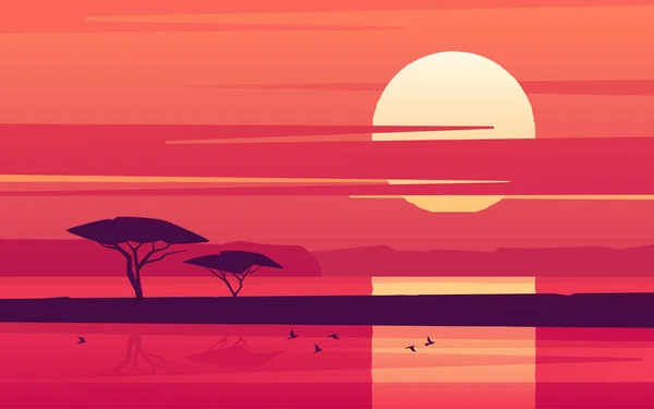 Levendige zonsondergang boven het Afrikaanse meer. Vectorillustratie — Stockvector