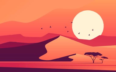 Afrika 'daki çöl kumullarının üzerinde canlı bir günbatımı. Vektör illüstrasyonu
