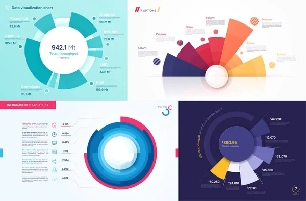 Conjunto de diseños de diagramas circulares vectoriales, plantillas modernas para crear infografías, presentaciones, informes, visualizaciones — Vector de stock