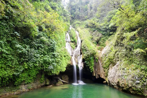 Cachoeira tropical em uma selva tropical que flui até o lago — Fotografia de Stock