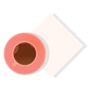 Bir porsiyon kahve ve beyaz arka planda peçete. Pembe bardak ve kağıt. Yazı için şablon.