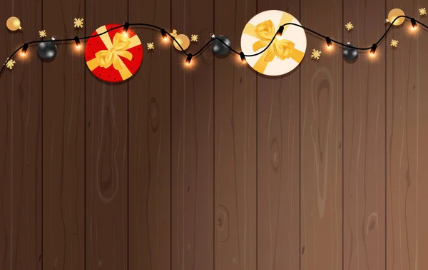 Подарунки Золотими Бантами Різдвяними Кульками Сніжинками Гірляндами Дерев Яному Тлі — стоковий вектор