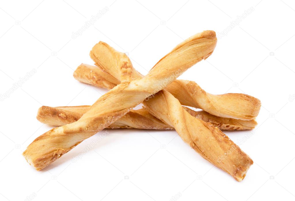 Spiral bread sticks with cheese on a white background