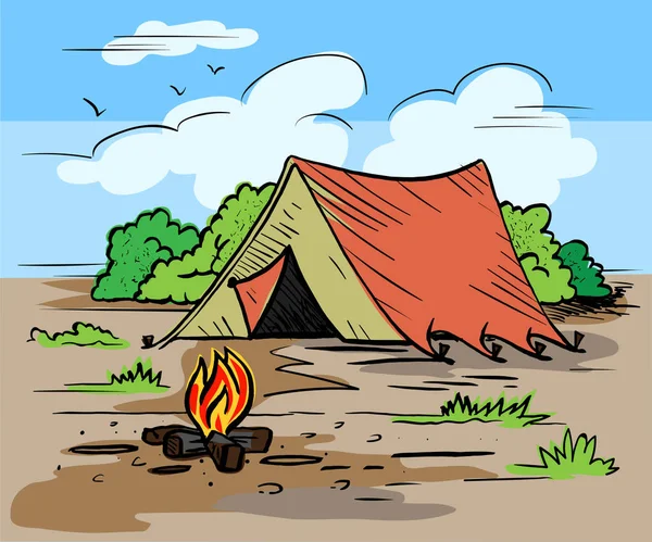 Hiking, camping outdoor recreation concept with tent, trees, bonfire.