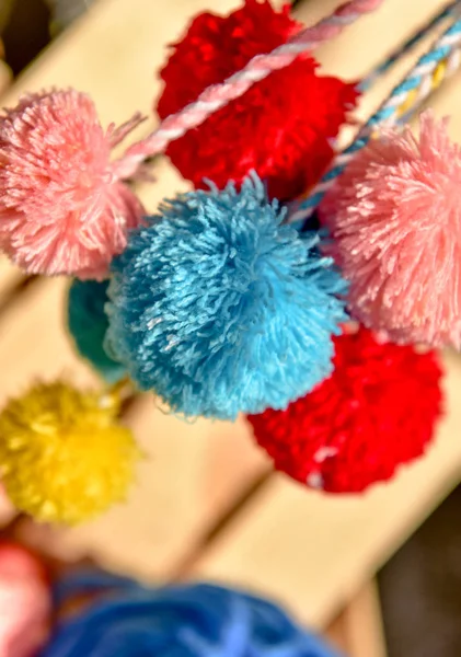 Fluffy Pom Poms Multi Colored Threads — Stock Photo, Image