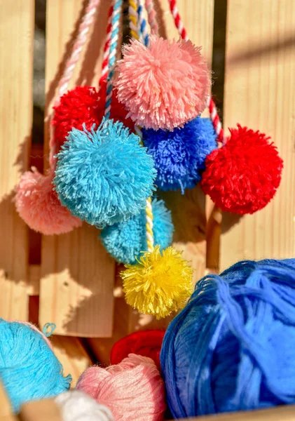 Fluffy Pom Poms Multi Colored Threads — Stock Photo, Image