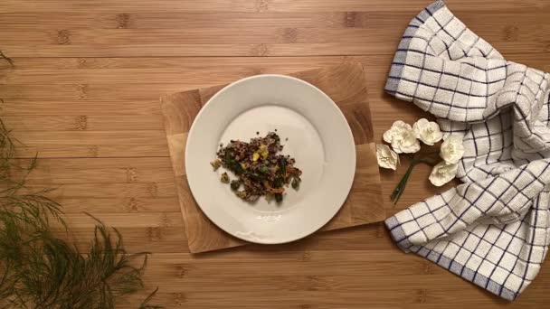 Animación Stop Motion Quinoa Con Verduras Trozos Pechuga Pollo — Vídeos de Stock