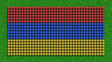 Ermenistan bayrağı çim sahada futbol topları üzerinden. 3D render.
