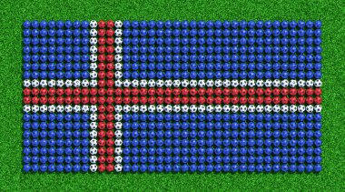 Iseland bayrağı çim sahada futbol topları üzerinden. 3D render.