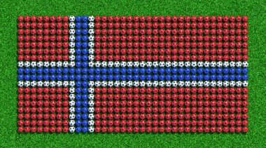 Norveç bayrağı çim sahada futbol topları üzerinden. 3D render.