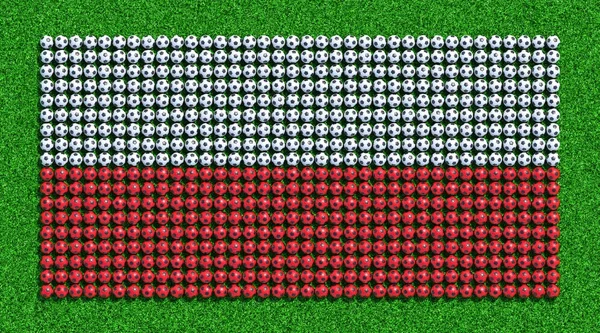 Flag of Poland from soccer balls on grass field. 3D render.