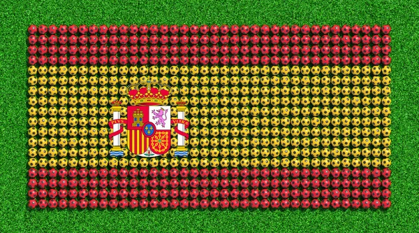 Spanienfahne Von Fußballbällen Auf Dem Rasenplatz Darstellung — Stockfoto